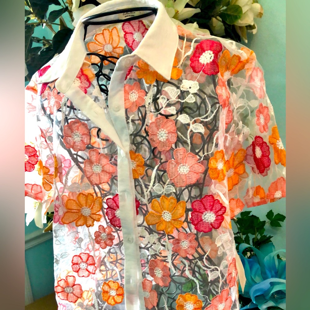 Floral Boutique Embroidered See-through Ladies Blouse